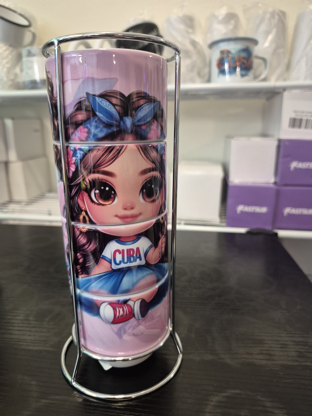 Pink Stackable Tumbler Set with Metal Stand - Cuba Print
